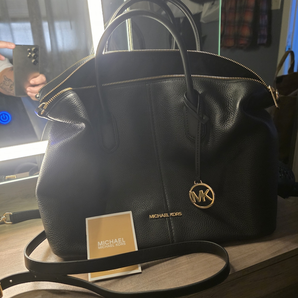 Michael Kors Hyde Black Leather Satchel with Gold Details
